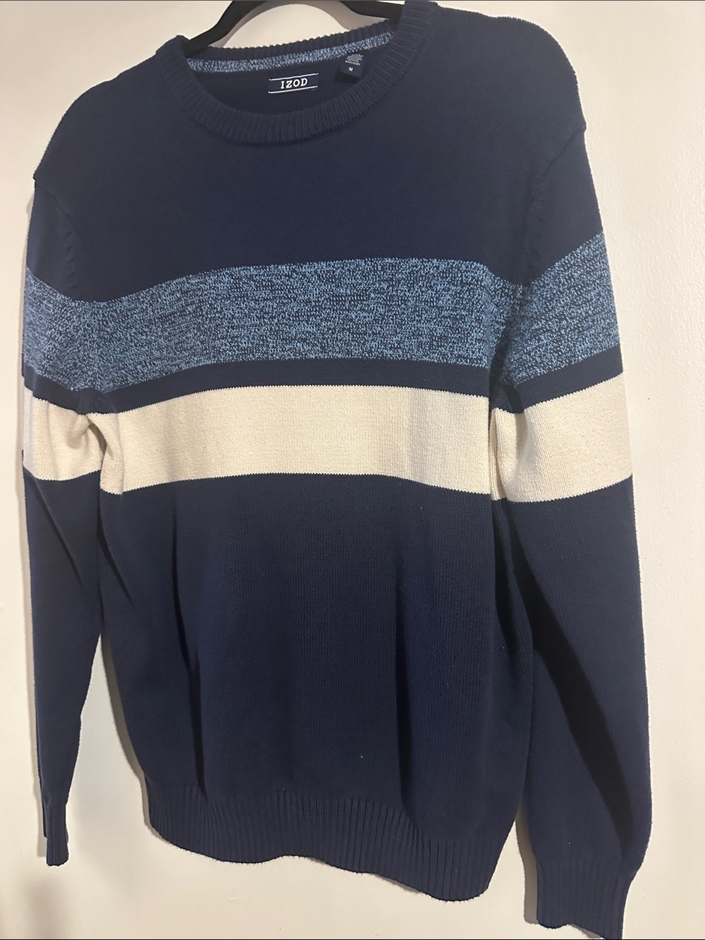 Izod Men’s Navy Crewneck Sweater with Light Blue and Cream Stripes